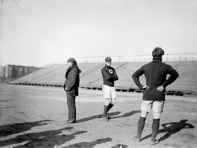 Stagg in 1902, standing with two players on Marshall Field, which would be renamed Stagg Field in 1915. (Photo: Chicago History Museum/Getty Images)